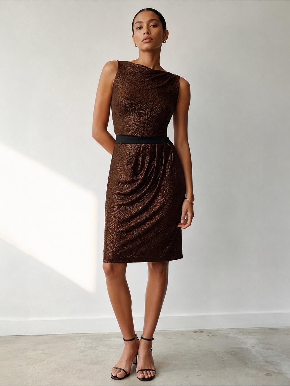 Sleeveless Open Back Draped Front Midi Cocktail Dress from Designer Showroom